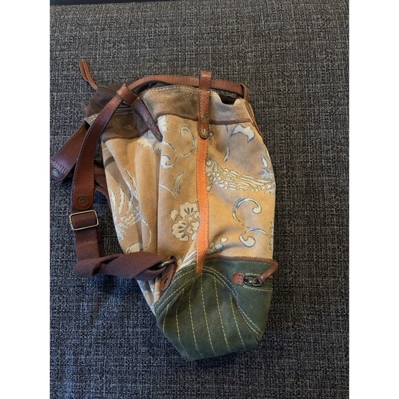 LUCKY Vintage inspired Brown leather Tan Floral Canvas Green Suede Y2K Backpack - Picture 5 of 6